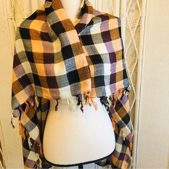 Forever 21 Scarf Square Buffalo Check Ivory Black Orange Metallic Thread Fringed - Picture 5 of 16